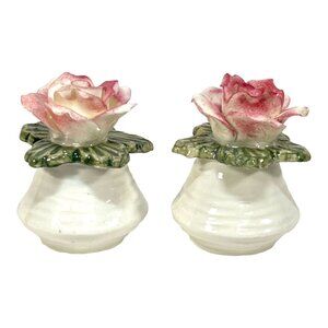 Aynsley Fine Bone China Floral Salt And Pepper Shakers With Pink Roses & Green L